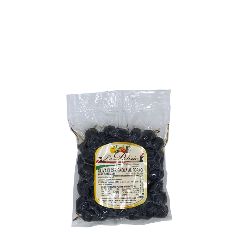 Baked black Cerignola olive in bag
